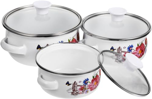 Ciieeo 3pcs Enamelware Pot Set Enamel Stockpot with Lid Retro Floral Pattern Cooking Pot Soup Pot Deep Enamelware for Home Restaurant 12/14/16cm