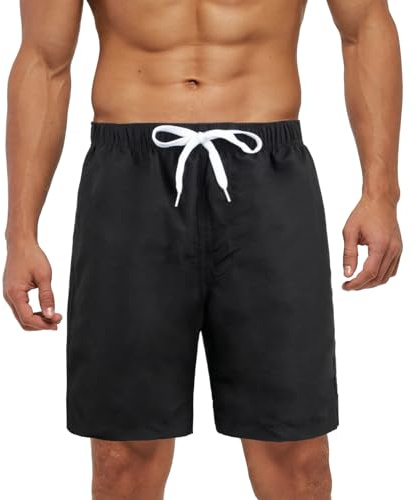 meioro Badshorts för män med fickor Quick Dry Swim Shorts Fit Sommar, Fritid Badbyxor Elastisk Midja Justerbar Dragsko Boardshort, Andningsbar Sport, Svart, L
