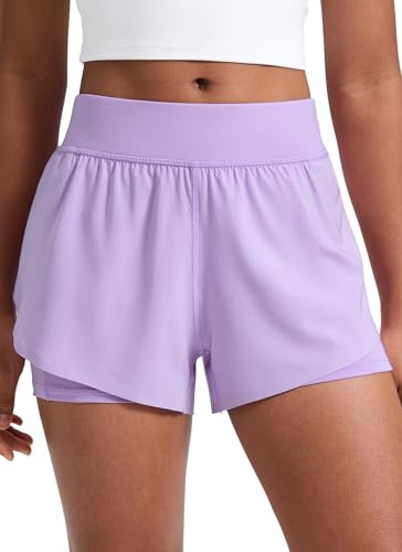 CRZ YOGA Girls 2 in 1 Dolphin High Waisted Running Shorts Casual Stretchy Cycling Bike Summer Short Pants with Zip Pockets Lilac M