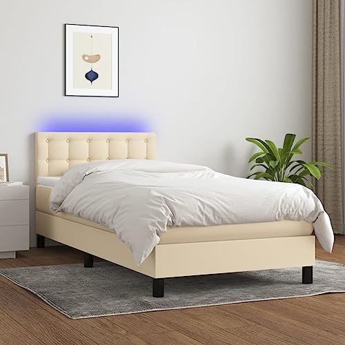THOYTOUI Boxspringbett, Seniorenbett Bettstütze Tagesbett Bett Geeignet für Aufenthaltsraum Hotel Wohnungen Gästezimmer mit Matratze & LED Creme 90x200 cm Stoff
