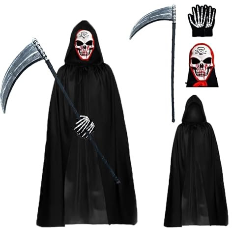 YongSral Costume da Mietitore per Adulto, Costume da Grim Reaper con Maschera, Guanti, Falce, Costume Morte Halloween, Costume di Triste Mietitore, Costumi Halloween Uomo Mietitore