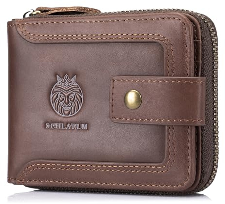 SCHLATUM Genuine Leather Zipper Wallet for Men RFID Blocking Large Capacity Classic Wallet with Coin Pocket ID Window, Coffee, Vintage & Classic