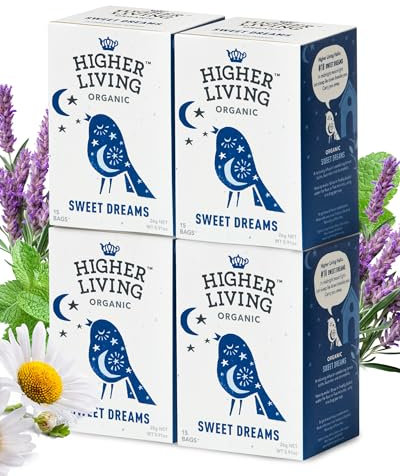 Higher Living Sweet Dreams Organic Herbal Tea - Aromatic, Caffeine Free Calming Bedtime Tea with Lemon Balm, Lavender, Chamomile & Peppermint - 4 Boxes, 15 Bags Each