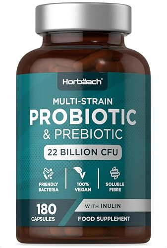 Biotici e Prebiotici | 22 Miliardi di UFC | Fermenti Lattici Biotici per Intestino con Inulina, Estratto di Mirtillo Rosso e Lactobacillus | 180 Capsule Vegane | di Horbaach