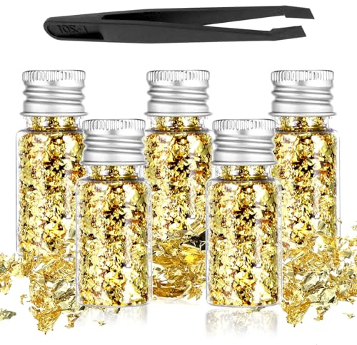 5Pcs Decorative Gold Leaf, Multifunction Gold Flakes Food Golden Leaf Cake Decoration Baking Golden Foil Chocolates Decor for Cooking Dessert Steak Decoration Crafts Painting Nail Arts Spa