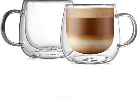 CNGLASS 480ml/16oz Double Walled Glass Coffee Mugs Set of 2,Large Clear Coffee Cups with Handle,Insulated Cappuccino Mugs for Latte,Milk,Tea