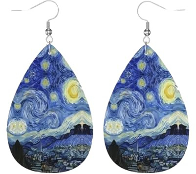 Boucles d'Oreilles Fantaisie en Acier et Acrylique, Forme Goutte, Motif Van Gogh (du tableau La Nuit Etoilée), 55 x 37 mm, Attache Crochet, Bijou Femme