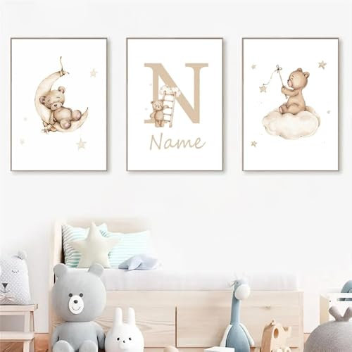 3 Poster Bär Babyzimmer 30 x 40 cm Personalisiertes Bild Baby Bärchen Bilder Kinderzimmer Jungen Beige Wolke Mond Sterne Leinwand Jungen Zimmer Deko Wandposter Kinder Geschenk ohne Rahmen