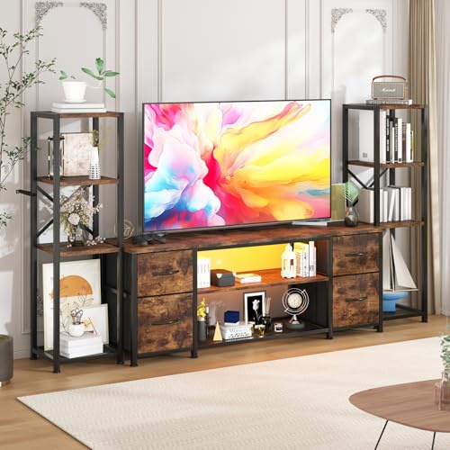 LED TV Stand Entertainment Center Bookshelf Combo with Charging Station | with Light & Storage, for 65 60 55 50 43 32 Inch TV, Industrial Media TV Console Table, for Living Room Bedroom, Rustic Brown