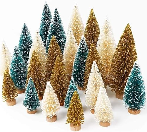 Fayavoo 24 Stück Mini Weihnachtsbäume künstlich, Schneefrost Sisal Bäume mit Holzfuß, Flaschenbürstenbäume 4 Größen für DIY Weihnachtsdeko, Winter Dorf Szene & Tischdekoration (Grün/Gold/Elfenbein)