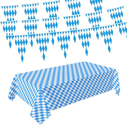 21 Stück Bayrische Deko, Blau Weiß Oktoberfest Tischdecke, 137x274 cm Wasserfeste Plastiktischdecke, Bayern Deko für Bierzelte, Tischdecke Bierzeltgarnitur für Fest, Party, Biergarten
