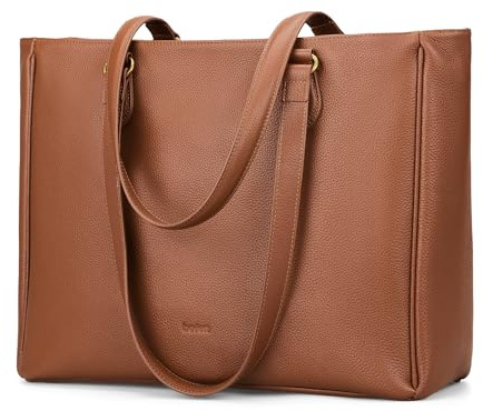befen Brown Genuine Leather Tote Bag for Women Work Office Bags Handbags | 15.6 Laptop Sleeve, Real Leather, Large Tote, Cup Holder, Card Slots, Multi Pockets