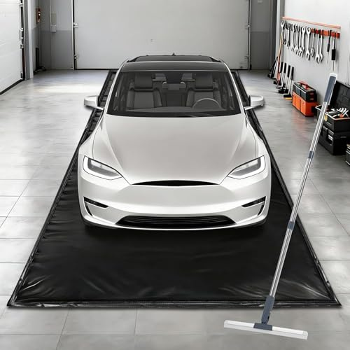 UEAKPIC garagegolvmatta 2,4 × 4,9 m, slitstark 1300D PVC-uppsamlingsmatta | med golvskrapa, svart, vattentätt skydd mot snö, regn och lera för bilar