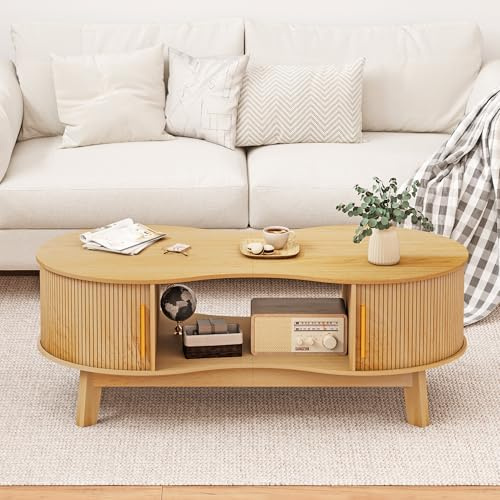 Homiflex Coffee Table, Dual Oval Coffee Table with with Storage Cabinet and Sliding Tambour Door, 2-Tier Open Storage Shelf, Mid Century Modern Coffee Tables for Living Room, Natural