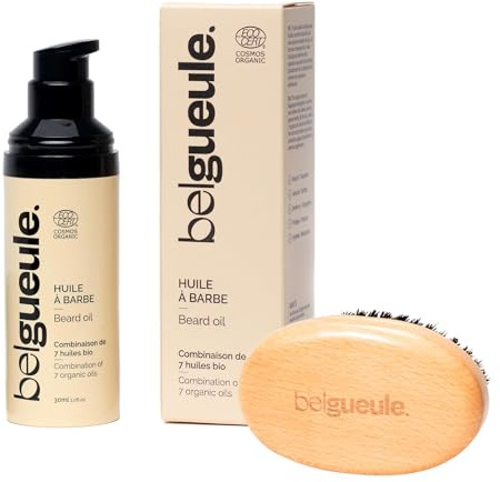 Belgueule Kit Entretien Barbe Homme, Brosse Barbe Poils de Sanglier + Huile Barbe Bio 7 Huiles Naturelles, Soin Pousse Barbe, Hydratation et Styling, Accessoires Barbe Homme