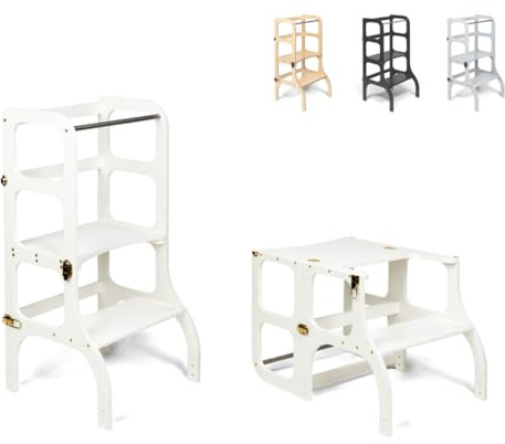 Ette Tete STEP'n'SIT® • Wandelbare Montessori Lernturm + Tisch, 2 in 1 (Weiß, mit goldenen Verschlüssen)