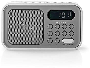 Nedis Radio Alarm Clock with 2.5h Play Time and Rechargeable Battery, FM Radio Receiver Portable with Headphones Output, LED Display and Aux, 2.1 W, Grey and White