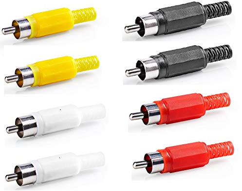 electrosmart - Confezione da 8 connettori RCA/Phono con protezione per cavi, 2 x rosso, 2 x nero, 2 x bianco e 2 x spine gialle