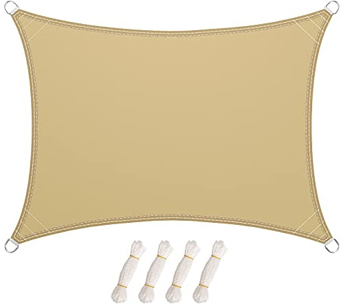 LARMNEE Sonnensegel Sonnenschutz inkl Befestigungsseilen, 4 x 6 m, PES, Rechteck, für Garten Balkon, Wetterschutz, Wasserabweisend, UV-Schutz, Reißfestigkeit, Outdoor, Sandgelb ESD46SP02
