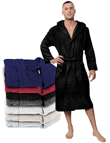 Twinzen Accappatoio per Uomo con Cappuccio in Spugna, L, Nero, 2 Tasche, Cintura Cotone Senza Prodotto Chimico, Oeko Tex - Vestaglia per Uscire dalla Doccia, Assorbente e Confortevole