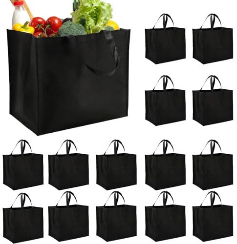 Tosnail 15 Pack Large Reusable Grocery Tote Bags with Handles, Foldable Non-Woven Shopping Bags, 33x38x24cm - Black