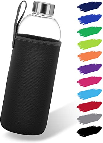 NOMA Glasflasche 1 Liter mit Neoprenhülle | Trinkflasche aus Glas in 500ml & 1000ml mit Schutzhülle und Edelstahldeckel | Wasserflasche für Sport, Büro, Schule & Outdoor | Schwarz