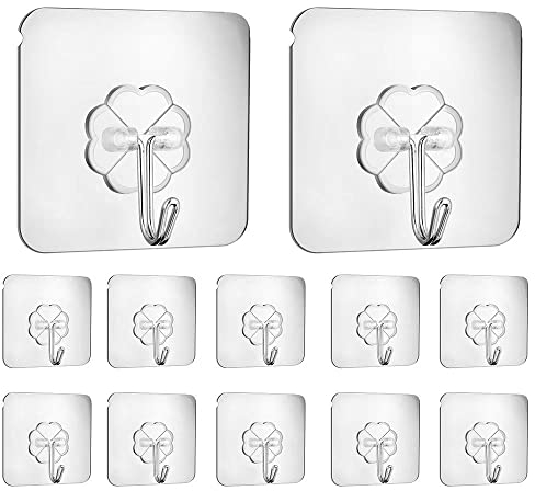 LAOLINGSY Self Adhesive Hooks, Waterproof Heavy Duty Wall Hooks for Home Kitchen Bathroom Hanging Coat Cloth Towel Key Decorations (12 Pack)