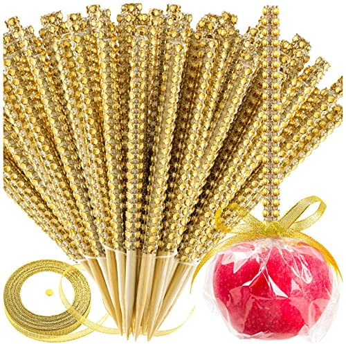 Bling Sticks for Candy Apples, 26Pcs Caramel Apple Wooden Pointed Skewers with 26Pcs Glass Bag and 22Yd Glitter Ribbons Tie, Fruit Cake Pop Chocolate Sliver Crystal Bamboo Sticks for Party Favor