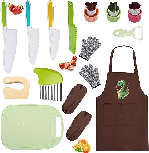 Yiomxhi Set di coltelli da cucina in plastica per bambini, 16 pezzi di coltelli di sicurezza per bambini colorati con bordi di taglio seghettati per frutta, pane, verdura, grembiule, guanti
