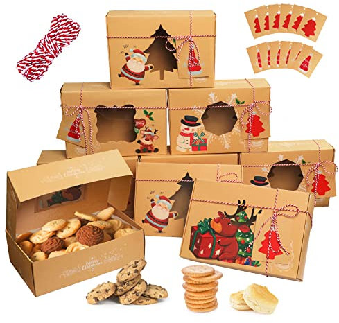 12 Stk Keksschachtel Weinachten Keksverpackungen Kraftpapier Geschenkboxen mit Sichtfenster DIY Karten und Backpapier, Weihnachtskarton-Verpackung für Gebäck, Muffin, Macarons, Süßigkeiten Box