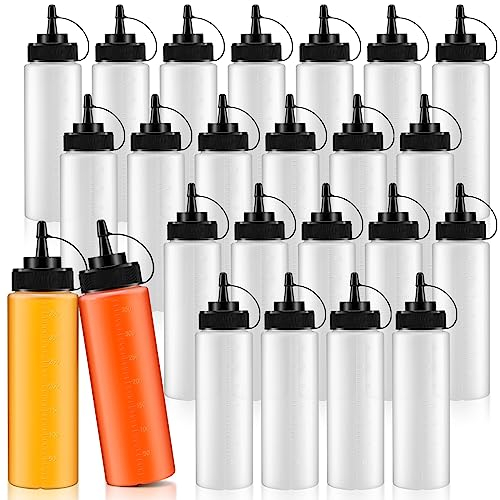 Dandat 24 Pcs Condiment Squeeze Bottles for Sauces 12 oz Plastic Bottles with Lids Reusable Squirt Bottle Visible Digital Scale Sauce Container for Ketchup Mustard Oil Mayo BBQ Cooking