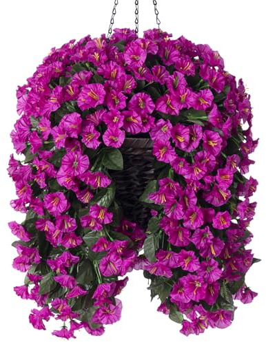 Artificial Fake Fall Hanging Flowers Plants Basket for Outdoor Autumn Winter Decor, Faux Silk UV Resistant Look Real Fuchsia Morning Glory Long Stems in Planter for Outside Porch Patio Balcony Home