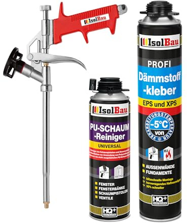 Isolbau B2 Dämmstoffkleber SET - 1 x 750 ml Perimeterkleber, 1 x PU-Schaum-Reiniger & 1x Schaumpistole für EPS & XPS-Platten - 1K PU-Klebeschaum für Fixieren & Befestigen
