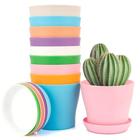 Pots pour plantes en plastique colorés, 10 boîtes de rangement pour plantes avec plateaux, pots pour plantes, jardinières extérieures, vases de fleurs en plastique colorées pour fleurs, décoration (8