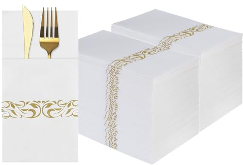 DADAWU Tovaglioli bianchi da tavola, usa e getta, effetto lino, con tasca per posate integrata, tovaglioli di carta dorati, per feste, matrimoni, confezione da 100