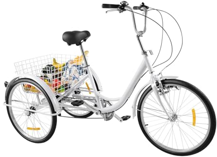 Garbenat 24 Zoll Dreirad Fahrrad Dreirad für Erwachsene Upgraded 6-Gang Dreiräder 3 Räder Fahrrad mit Gemüsekorb und LED Licht Stützräder für Erwachsene Lastendreirad für Männer Frauen ältere(Weiß)