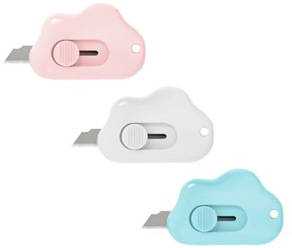 SUTOUG Box Cutter Retractable, 3 Pcs Mini Cute Box Cutter, Portable Letter Opener, Cloud Box Opener With Keyhole, Suitable for Office School Stationery DIY Crafts