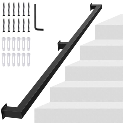 NArra 120CM/4FT Square Tube Handrail,Wall Mount Staircase Rail,200kg Load | Modern Handrail Pipe Stair Industrial Stair Rail For Indoor Outdoor Steps,Carbon Steel Non-Slip Grab Handle For Loft Porch