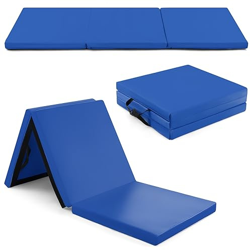 GYMAX 3-fach Trainingsmatte faltbar, tragbare Gymnastikmatte 180 x 60 x 5 cm, Gymnastikmatte mit Klettverschluss & Tragegriffen, Turnmatte für Yoga & Stretching (Marineblau)