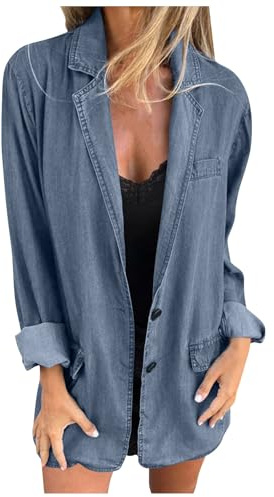 Dam jeansjacka oversize lång jeansblazer elegant jeanskappa stora storlekar jeansskjorta lös denimjacka revers streetwear jacka med knappar fritidsjacka ledig bikerjacka jeansblazer, marinblå, 3XL