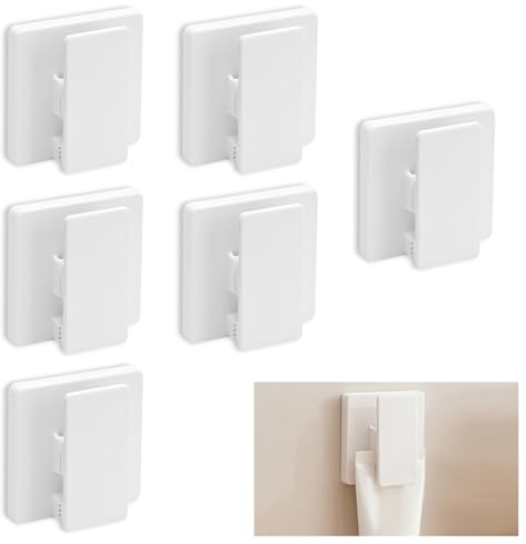 Huakaile Lot de 6 grands clips auto-adhésifs pour crochets de suspension sans perçage, clips adhésifs antidérapants, amovibles en ABS réglables à ressort pour salle de bain, maison (blanc)