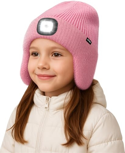 ATNKE Kids LED Lighted Beanie Hat with Earflap, USB Rechargeable 4 LED Hands Free Head Torch Running Headlamp Cap Light Winter Warm Fleece Lined Knit Beany Gifts for Boys and Girls/Pink