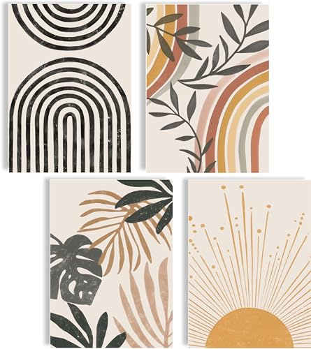 Set di immagini boho, set di poster decorativi da parete, poster astratti, set di immagini per yoga, da parete, soggiorno, fiori (Boho Love, set di 4 poster A4 (21 x 30 cm), senza cornice)