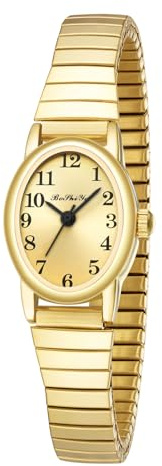 BOSHIYA Damen Uhren Edelstahl Analog Quarz Uhr mit Digital Zifferblatt und Elastisch Armband Wasserdicht Armbanduhr für Damen (DE-Elliptische Goldscheibe-14)