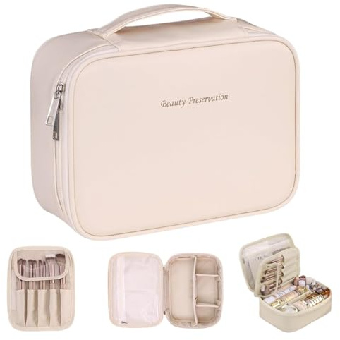 Neceser para Mujer, Grande Neceser de Viaje Impermeable con Compartimento para Brochas, Bolsas de Aseo, Bolsa de Maquillaje (Beige)
