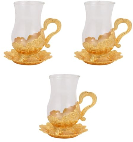 Gatuida 3sets Turkish Tea Cups and Saucers Set Glass Tea Mugs Multipurpose Glass Mugs for Milk Oatmeal Water Tulip Shape