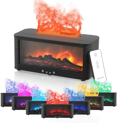 Flame Diffuser, 3D Flame Oil Diffuser with 7 Colours Flame Effect, 250ml Fireplace Flame Light Humidifier, Aroma Diffuser Humidifier with Remote Control Timer, Automatic Shutoff without Water
