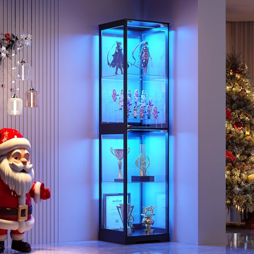 WEQUB Glass Display Cabinet with Doors, 65 Tall 4-Tier Curio Display Case with 3 Color Lights and Human Body Sensor, Bookcase for Collectibles, Black