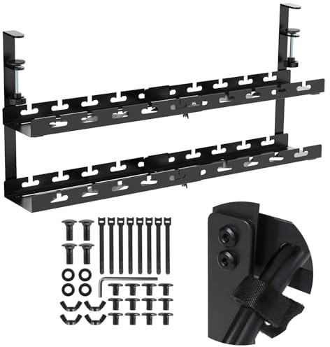 Organizador de cables Maclean MC-102 B bajo escritorio ajustable 2 niveles negro con sujeción 433-728 mm, soporte regleta resistente 5 kg con pasajes de cables y cierres de velcro incluidos