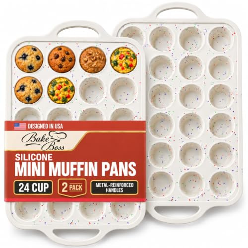 Silicone Mini Muffin Pan, 24 Cup 2 Pack with Metal Reinforced Frame